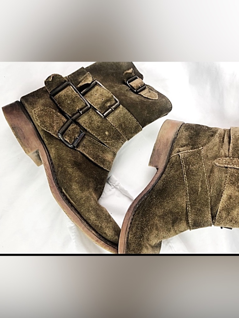 CRUMPET ZiGi- Brown Suede Buckle Mid-Calf Boots in Olive Green